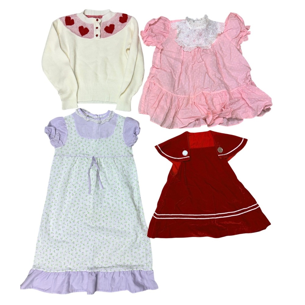 Vintage Girls Clothing Lot Starlet Nightgown Velvet Dress Heart Sweater 4pc - BE